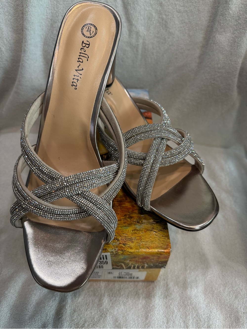 Bella Vita Metallic Silver Crystal Crossover Slide Heels